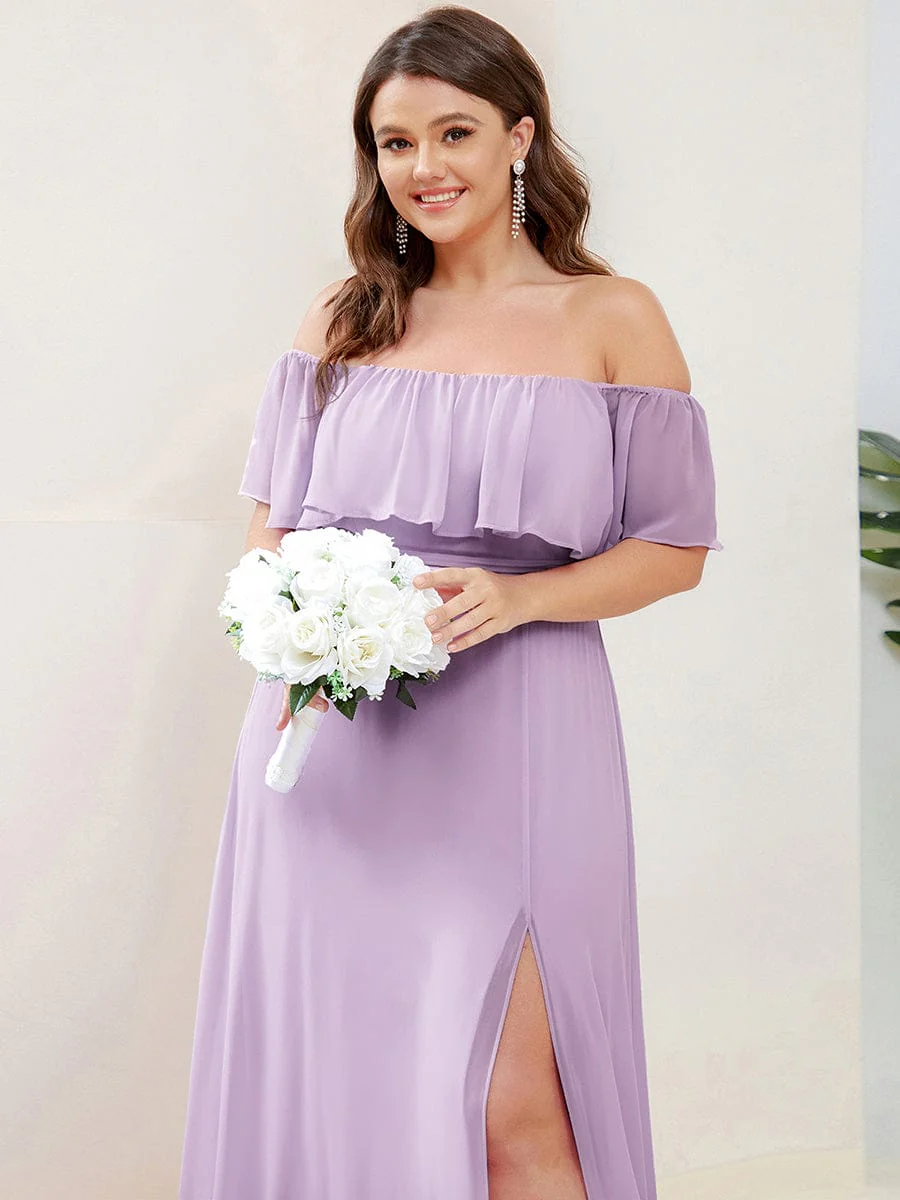 pretty ÉMILE|Plus Size Off-The-Shoulder Ruffle Thigh Split Bridesmaid Dress - Image 133