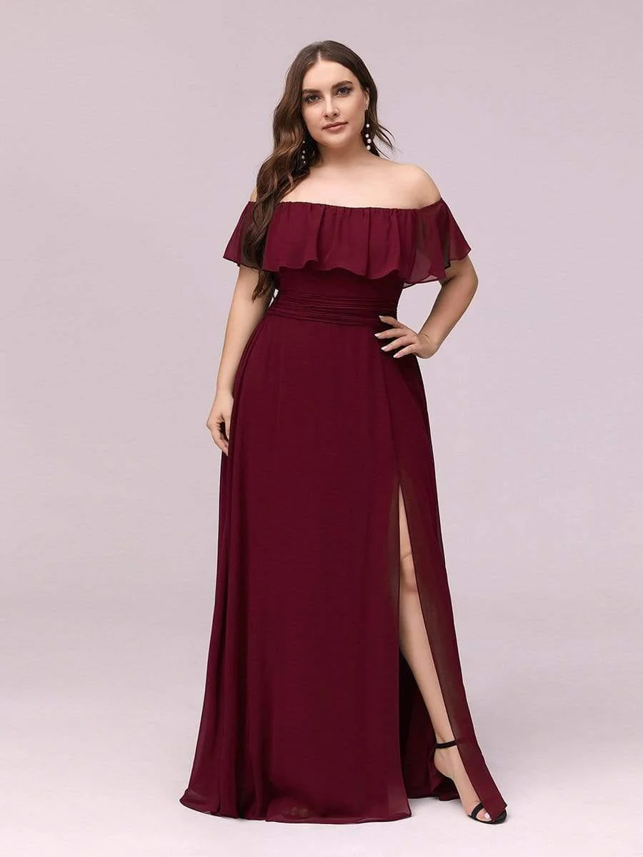 pretty ÉMILE|Plus Size Off-The-Shoulder Ruffle Thigh Split Bridesmaid Dress - Image 14