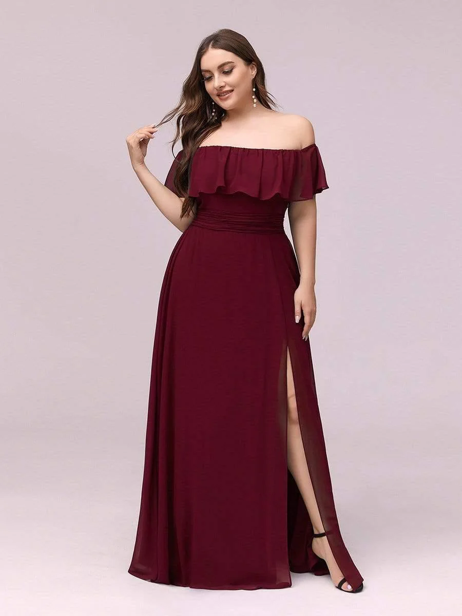 pretty ÉMILE|Plus Size Off-The-Shoulder Ruffle Thigh Split Bridesmaid Dress - Image 16