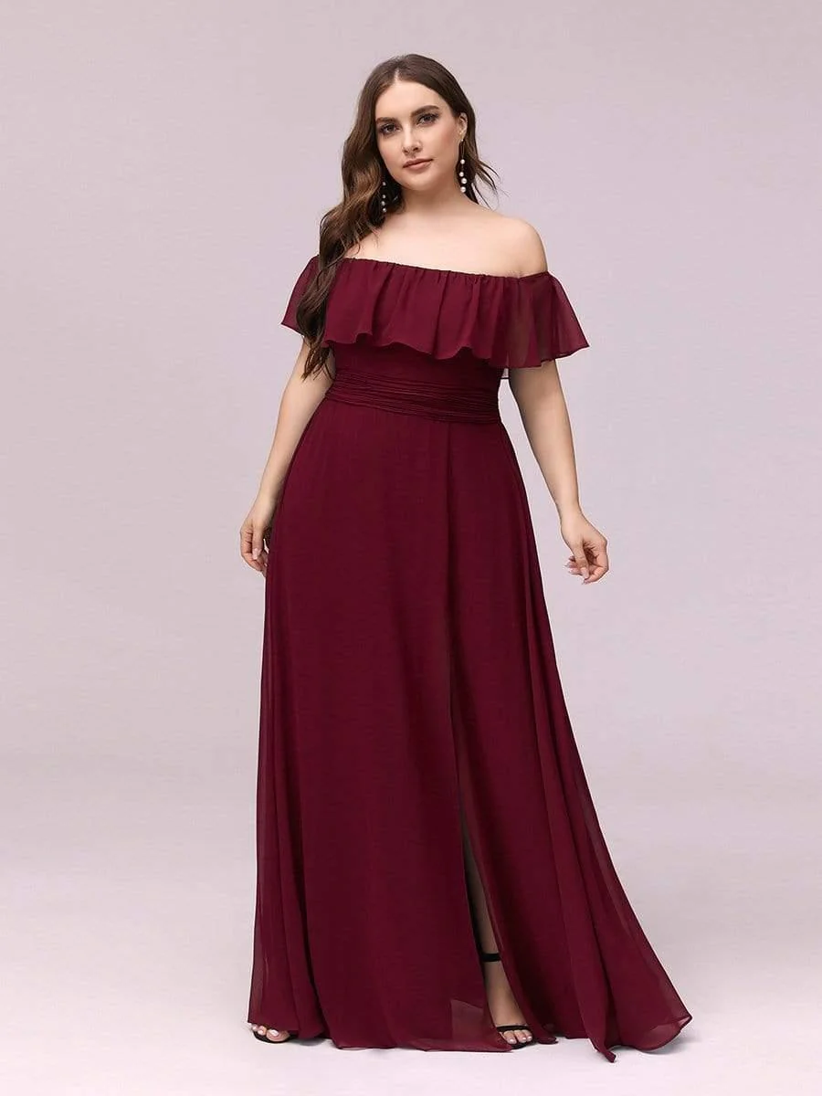 pretty ÉMILE|Plus Size Off-The-Shoulder Ruffle Thigh Split Bridesmaid Dress - Image 17