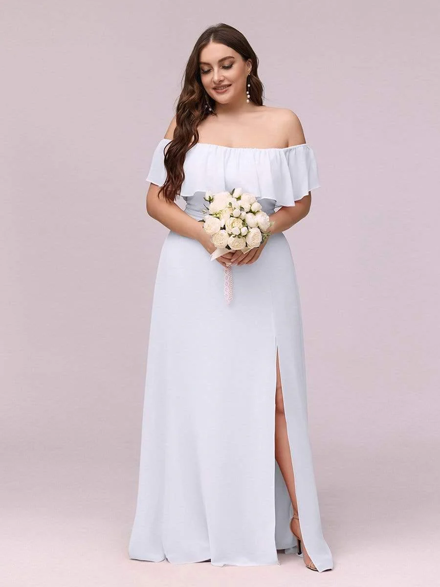 pretty ÉMILE|Plus Size Off-The-Shoulder Ruffle Thigh Split Bridesmaid Dress - Image 19