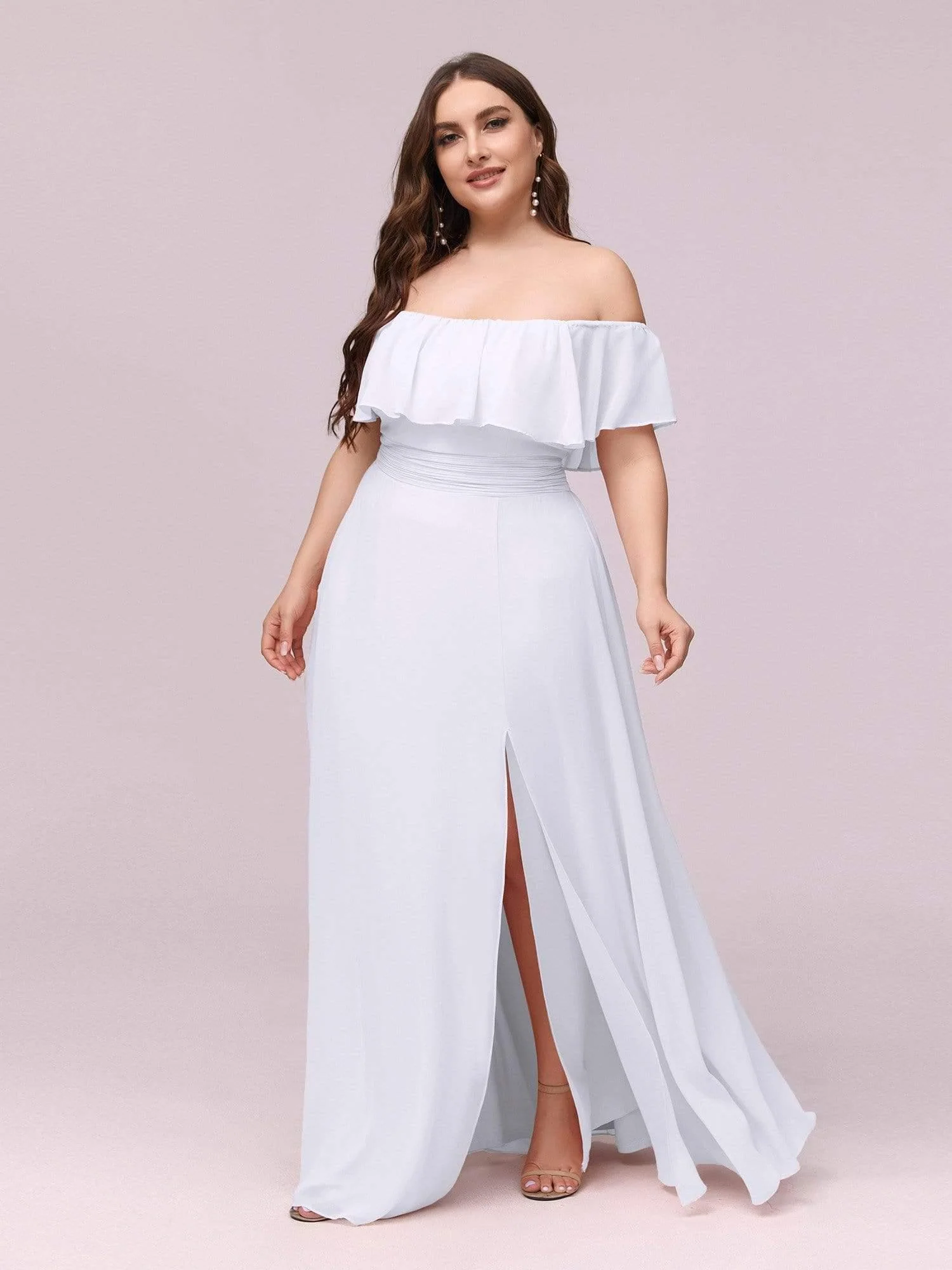 pretty ÉMILE|Plus Size Off-The-Shoulder Ruffle Thigh Split Bridesmaid Dress - Image 21