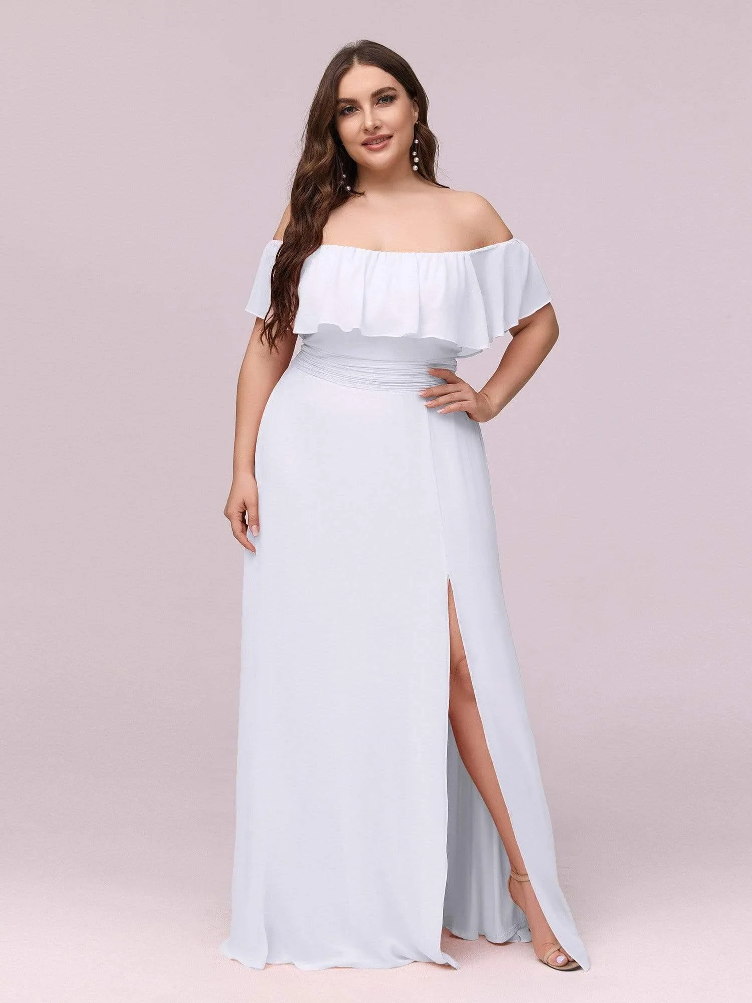 pretty ÉMILE|Plus Size Off-The-Shoulder Ruffle Thigh Split Bridesmaid Dress - Image 22