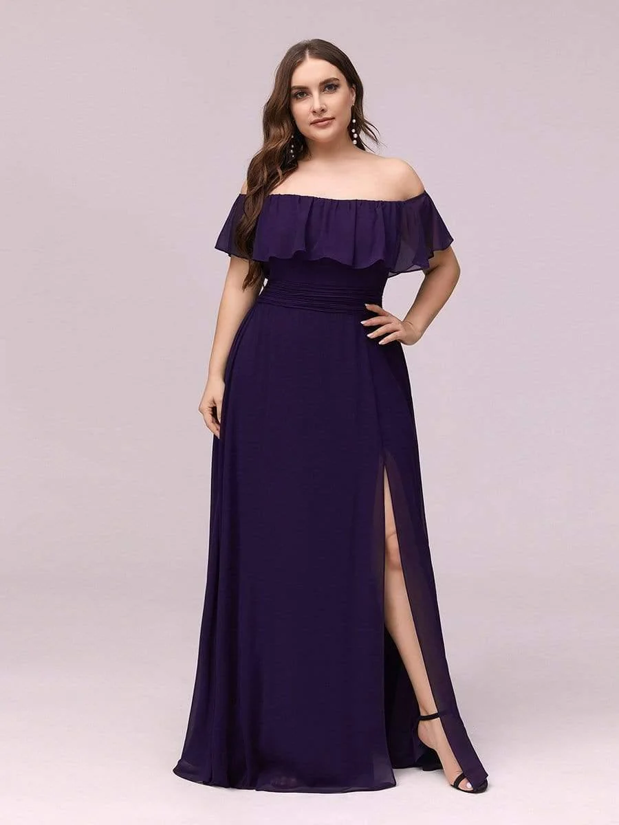 pretty ÉMILE|Plus Size Off-The-Shoulder Ruffle Thigh Split Bridesmaid Dress - Image 24