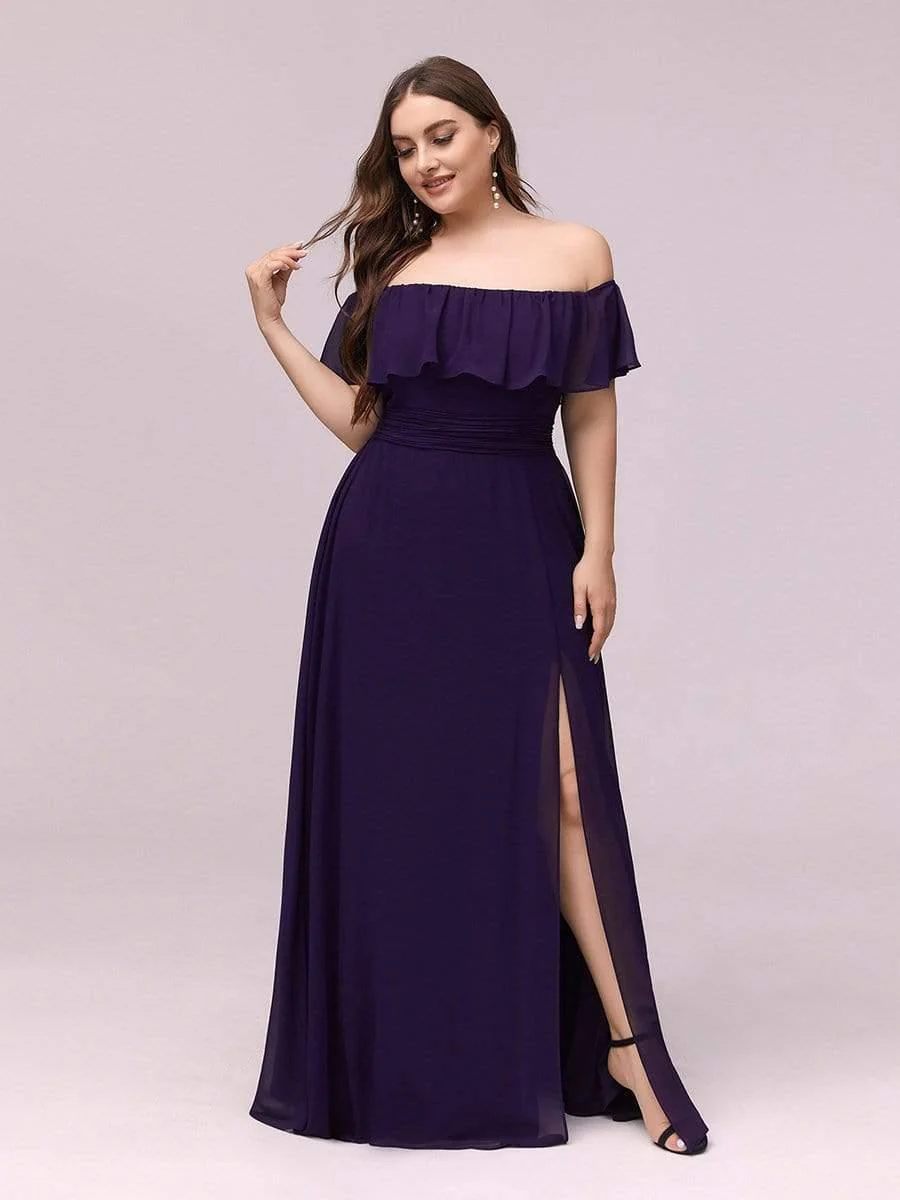 pretty ÉMILE|Plus Size Off-The-Shoulder Ruffle Thigh Split Bridesmaid Dress - Image 25