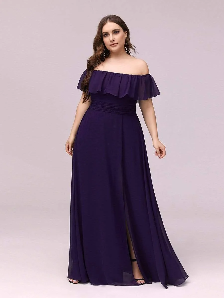 pretty ÉMILE|Plus Size Off-The-Shoulder Ruffle Thigh Split Bridesmaid Dress - Image 26