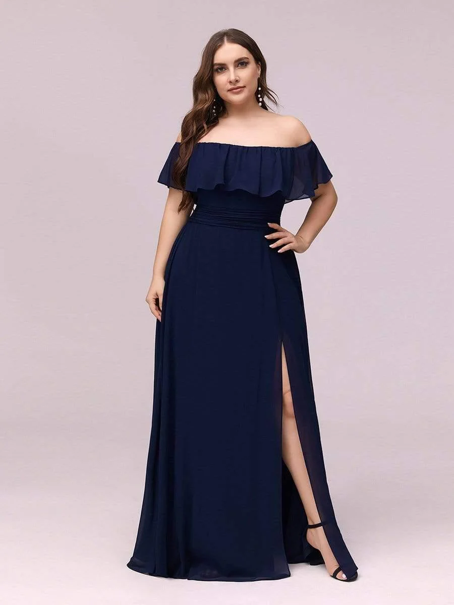 pretty ÉMILE|Plus Size Off-The-Shoulder Ruffle Thigh Split Bridesmaid Dress - Image 28