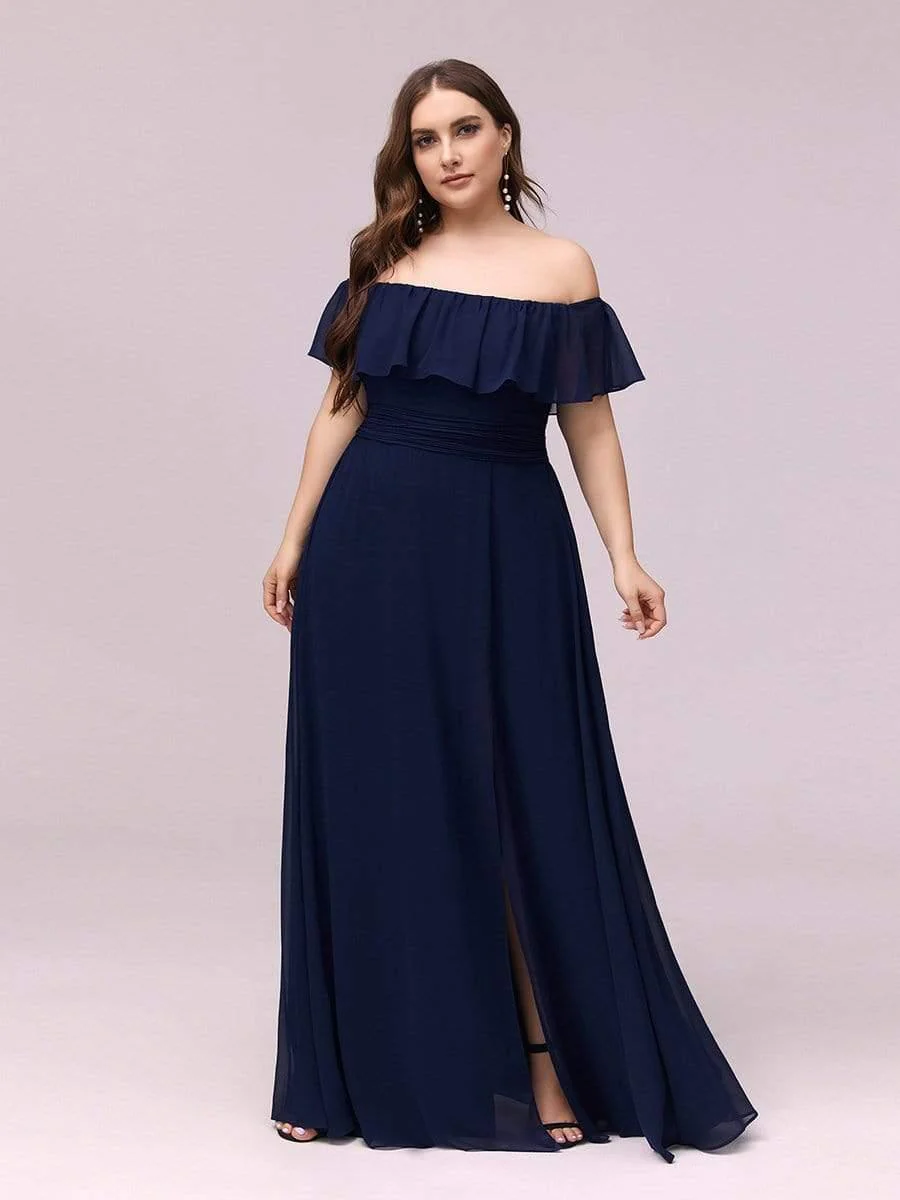 pretty ÉMILE|Plus Size Off-The-Shoulder Ruffle Thigh Split Bridesmaid Dress - Image 31