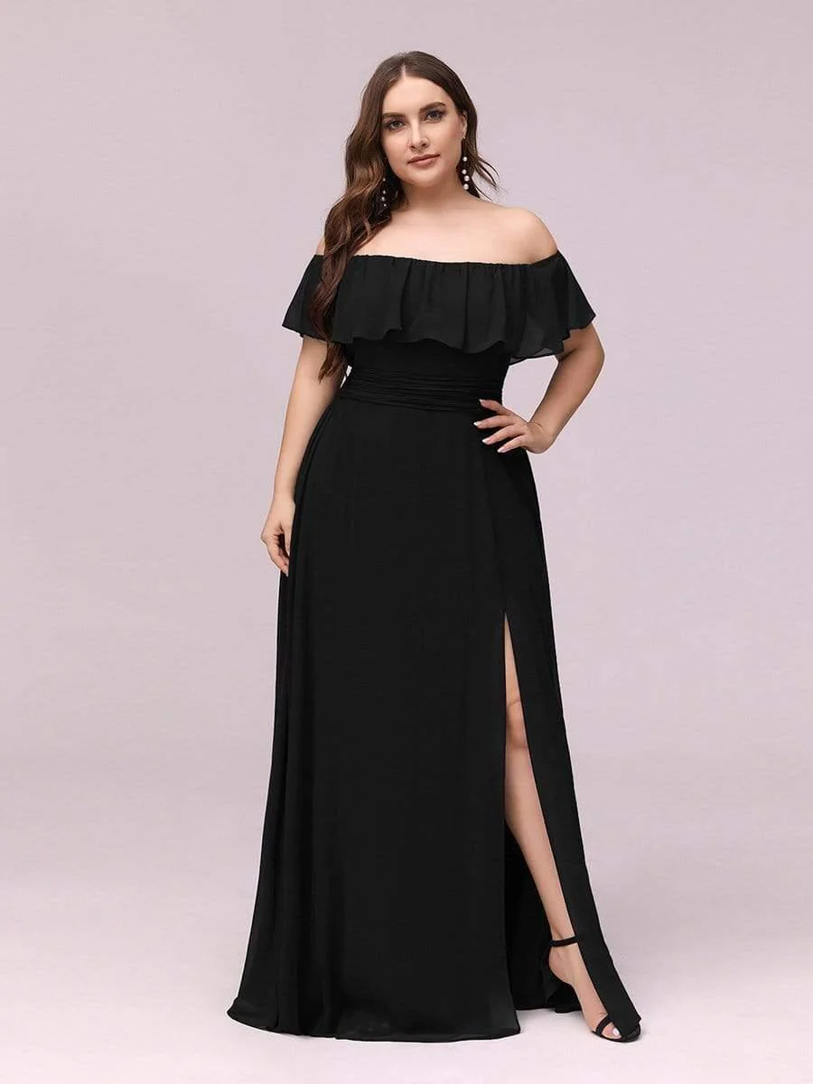 pretty ÉMILE|Plus Size Off-The-Shoulder Ruffle Thigh Split Bridesmaid Dress - Image 35