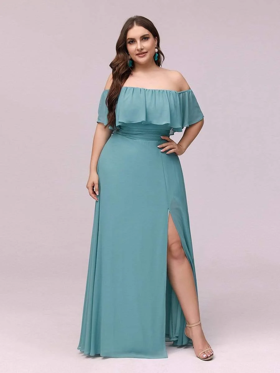 pretty ÉMILE|Plus Size Off-The-Shoulder Ruffle Thigh Split Bridesmaid Dress - Image 38