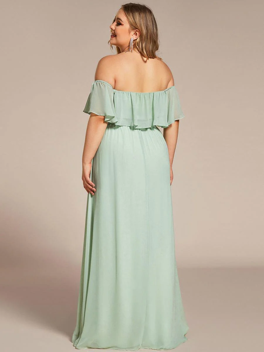 pretty ÉMILE|Plus Size Off-The-Shoulder Ruffle Thigh Split Bridesmaid Dress - Image 4