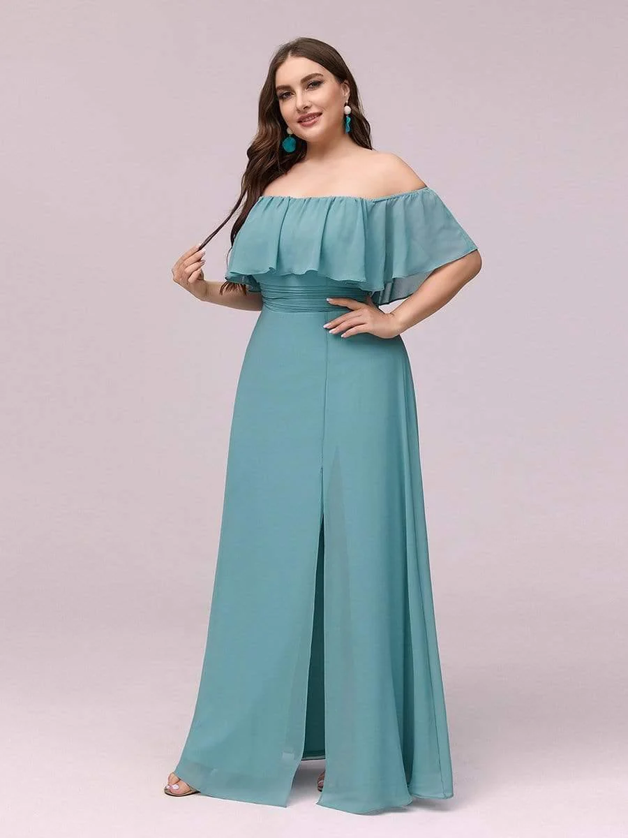 pretty ÉMILE|Plus Size Off-The-Shoulder Ruffle Thigh Split Bridesmaid Dress - Image 40