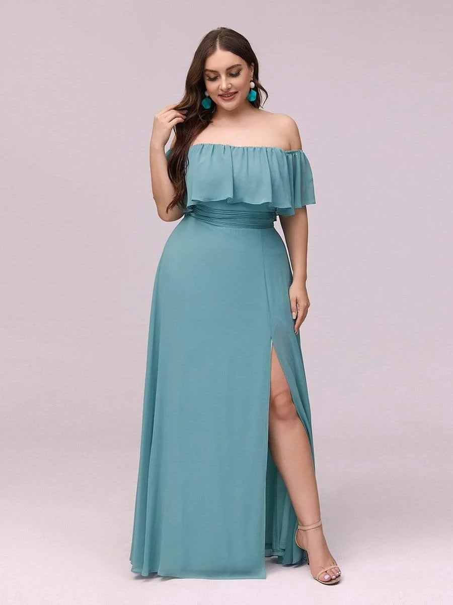 pretty ÉMILE|Plus Size Off-The-Shoulder Ruffle Thigh Split Bridesmaid Dress - Image 41