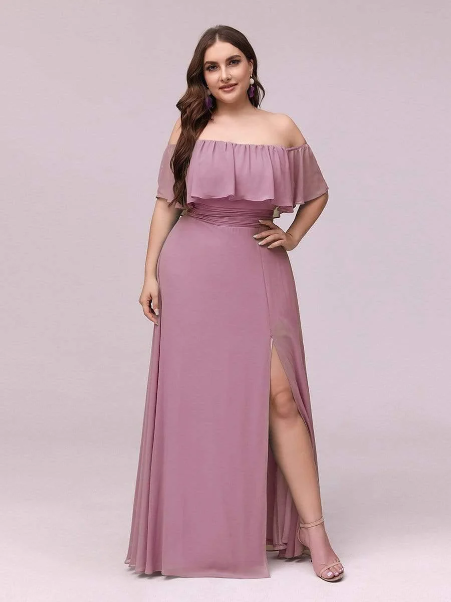 pretty ÉMILE|Plus Size Off-The-Shoulder Ruffle Thigh Split Bridesmaid Dress - Image 43