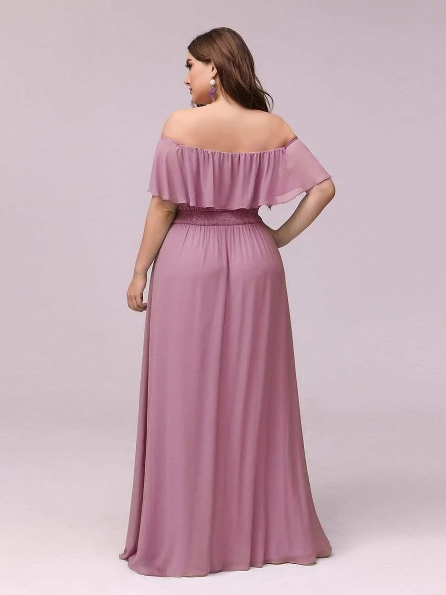 pretty ÉMILE|Plus Size Off-The-Shoulder Ruffle Thigh Split Bridesmaid Dress - Image 44