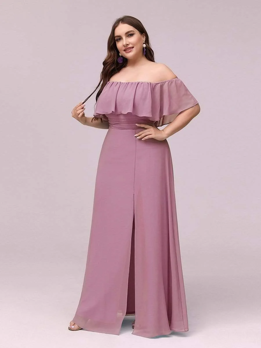 pretty ÉMILE|Plus Size Off-The-Shoulder Ruffle Thigh Split Bridesmaid Dress - Image 45
