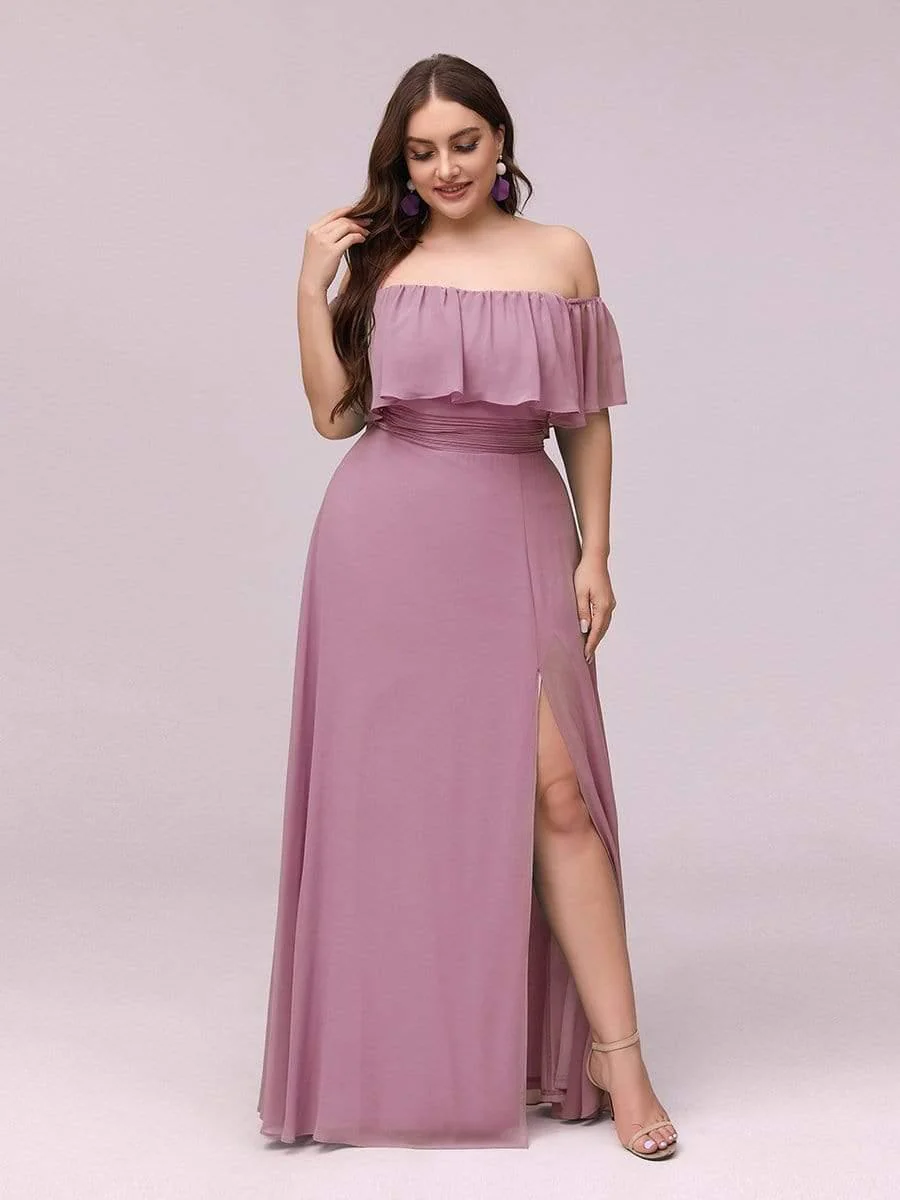 pretty ÉMILE|Plus Size Off-The-Shoulder Ruffle Thigh Split Bridesmaid Dress - Image 46