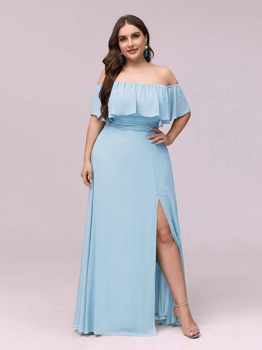 pretty ÉMILE|Plus Size Off-The-Shoulder Ruffle Thigh Split Bridesmaid Dress - Image 47