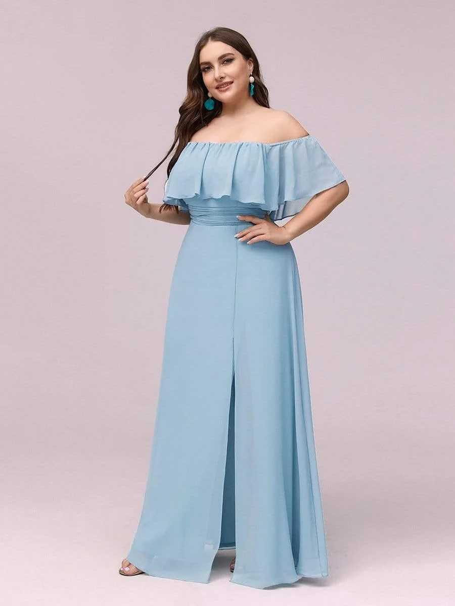 pretty ÉMILE|Plus Size Off-The-Shoulder Ruffle Thigh Split Bridesmaid Dress - Image 49