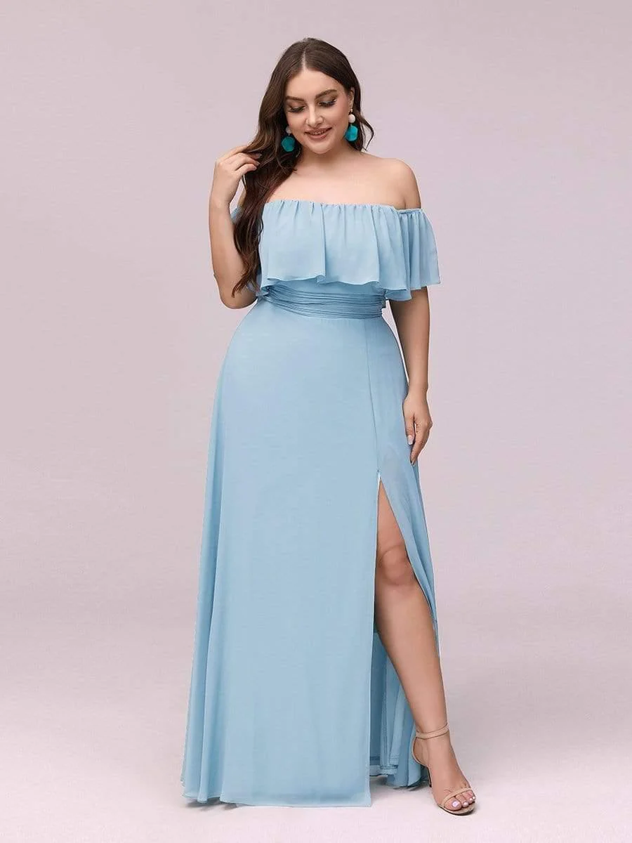 pretty ÉMILE|Plus Size Off-The-Shoulder Ruffle Thigh Split Bridesmaid Dress - Image 50