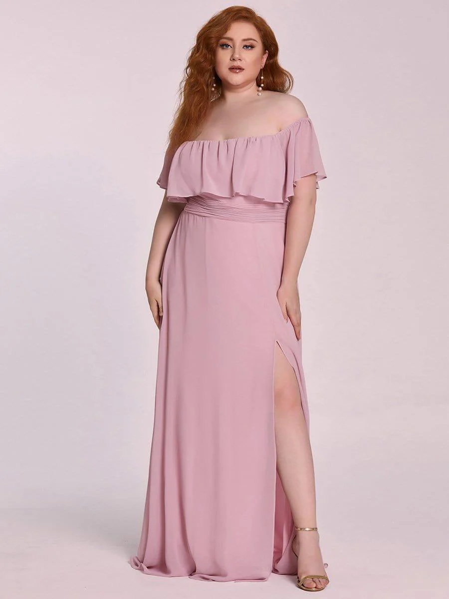 pretty ÉMILE|Plus Size Off-The-Shoulder Ruffle Thigh Split Bridesmaid Dress - Image 52