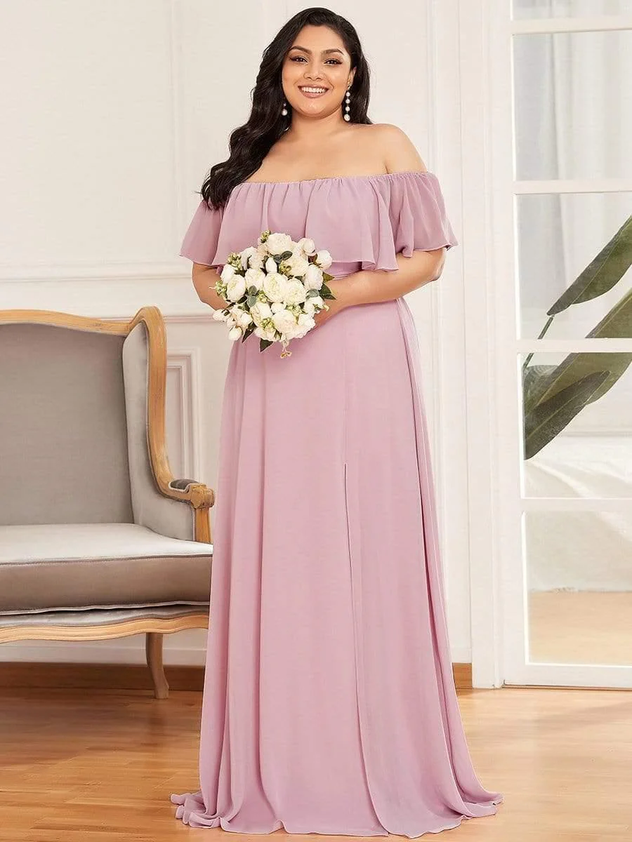 pretty ÉMILE|Plus Size Off-The-Shoulder Ruffle Thigh Split Bridesmaid Dress - Image 54