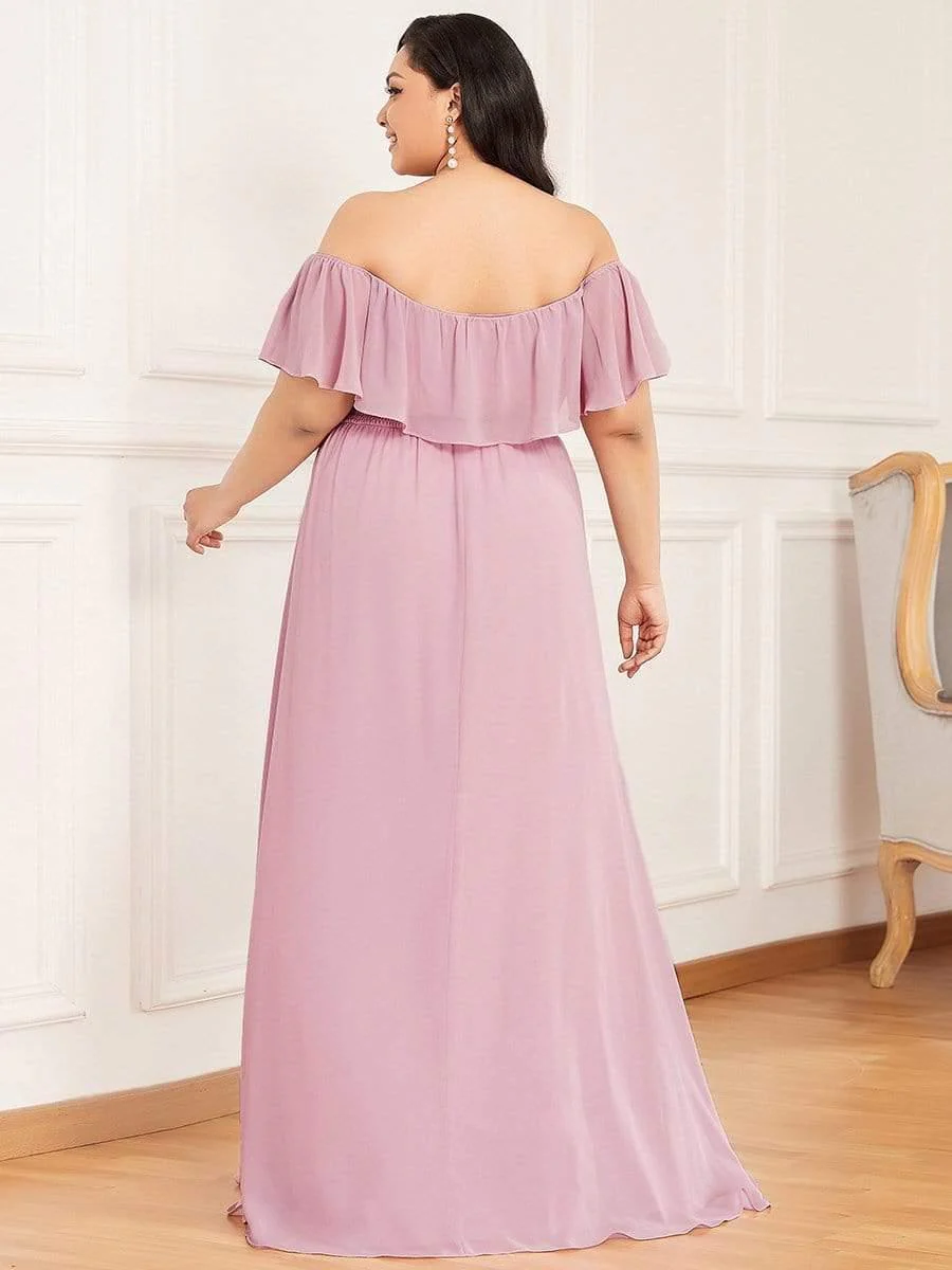 pretty ÉMILE|Plus Size Off-The-Shoulder Ruffle Thigh Split Bridesmaid Dress - Image 55