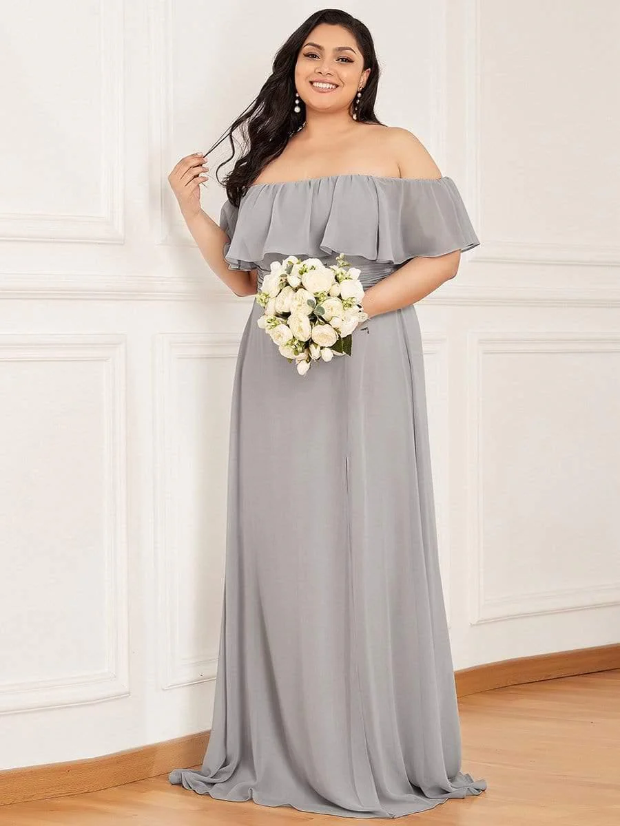 pretty ÉMILE|Plus Size Off-The-Shoulder Ruffle Thigh Split Bridesmaid Dress - Image 57