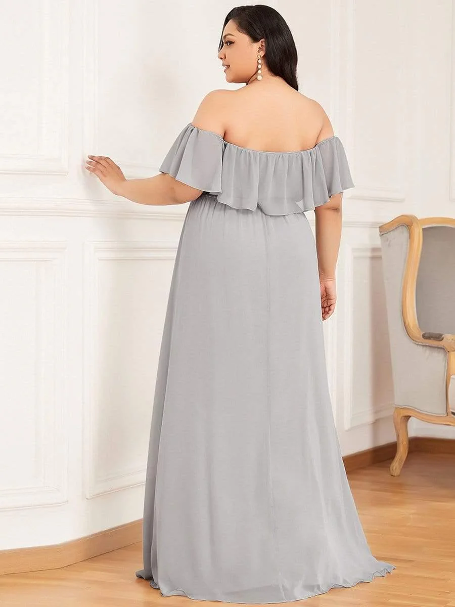 pretty ÉMILE|Plus Size Off-The-Shoulder Ruffle Thigh Split Bridesmaid Dress - Image 58