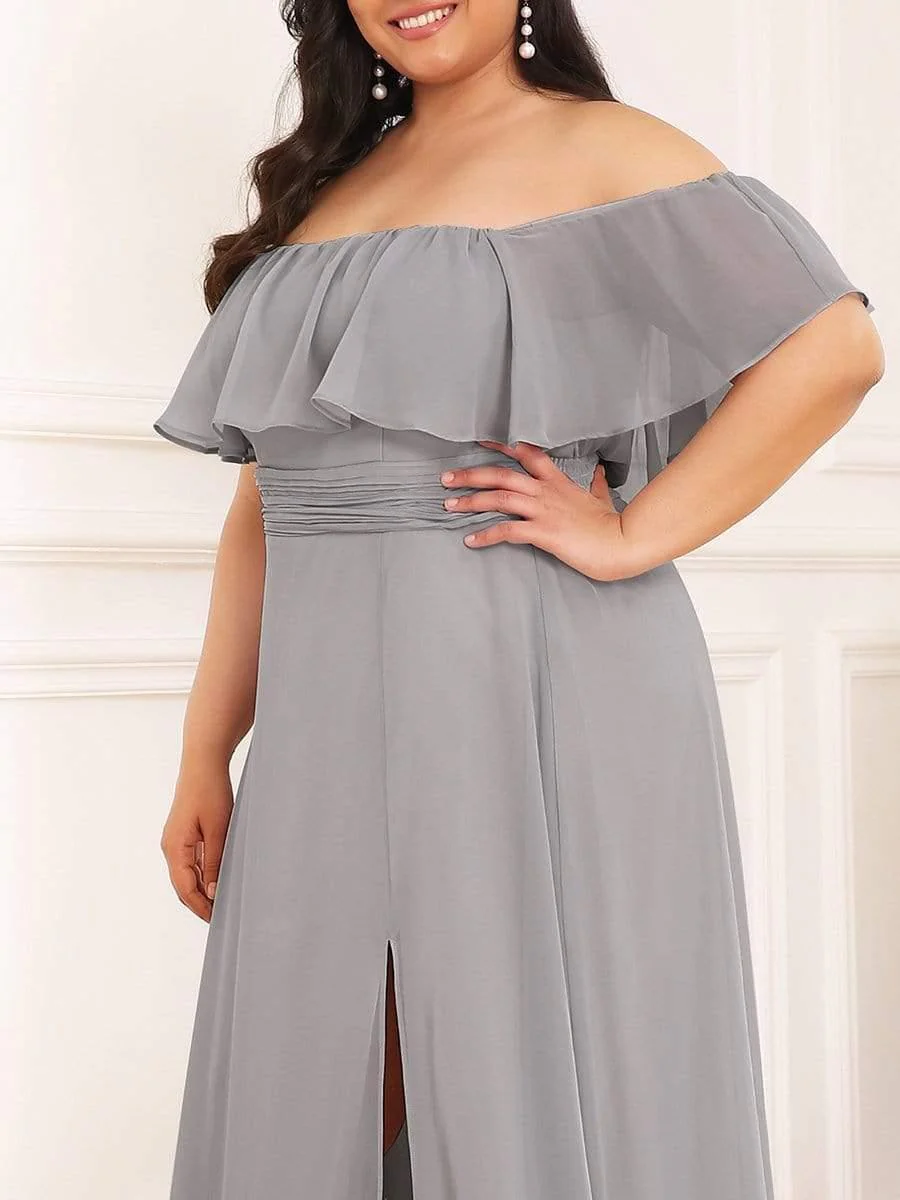 pretty ÉMILE|Plus Size Off-The-Shoulder Ruffle Thigh Split Bridesmaid Dress - Image 59