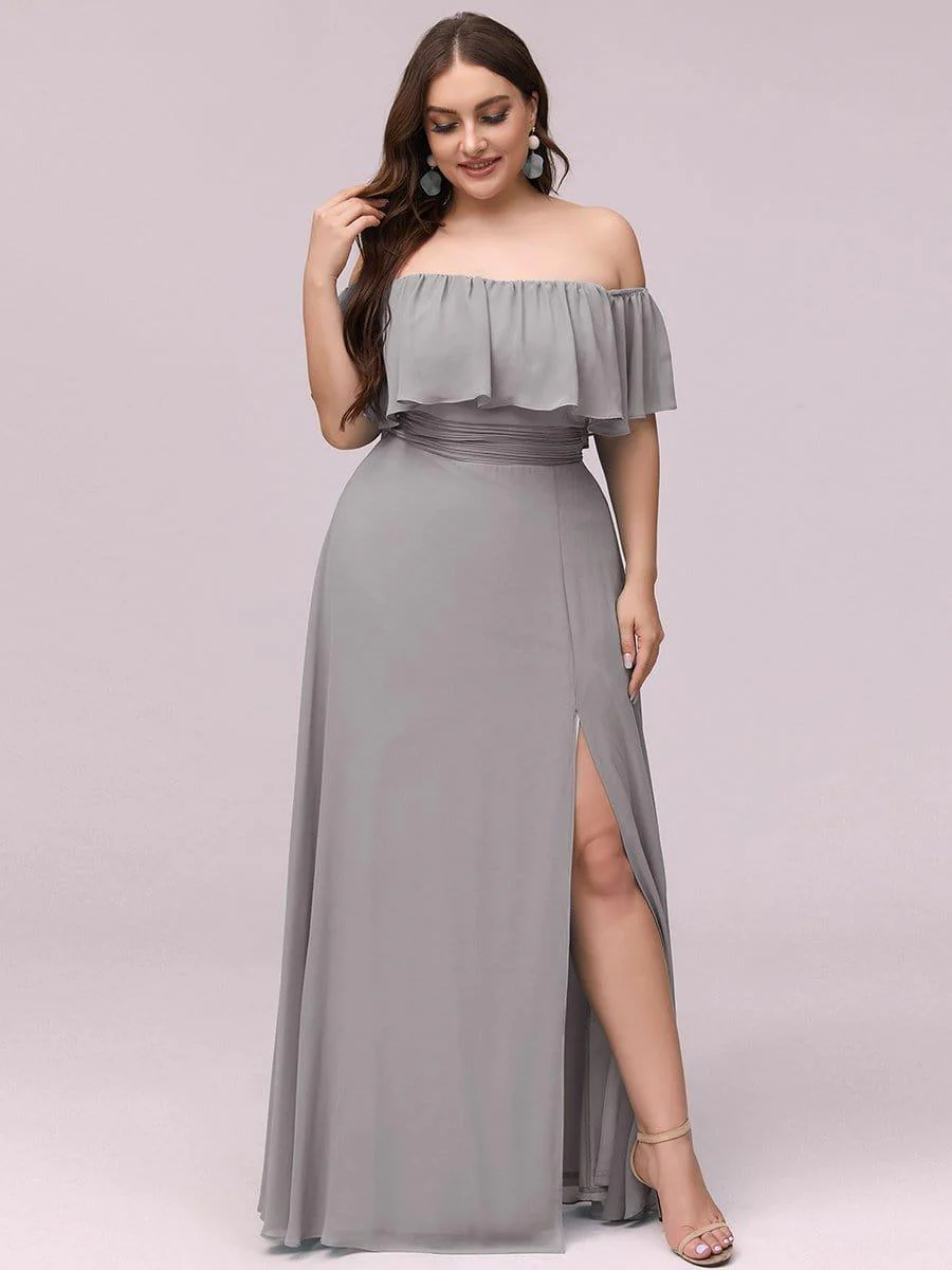 pretty ÉMILE|Plus Size Off-The-Shoulder Ruffle Thigh Split Bridesmaid Dress - Image 60