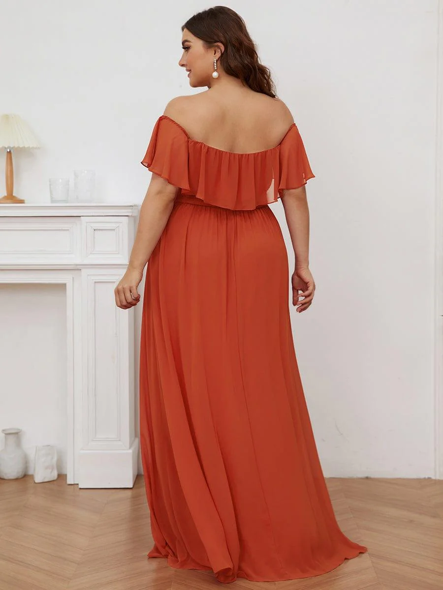 pretty ÉMILE|Plus Size Off-The-Shoulder Ruffle Thigh Split Bridesmaid Dress - Image 62