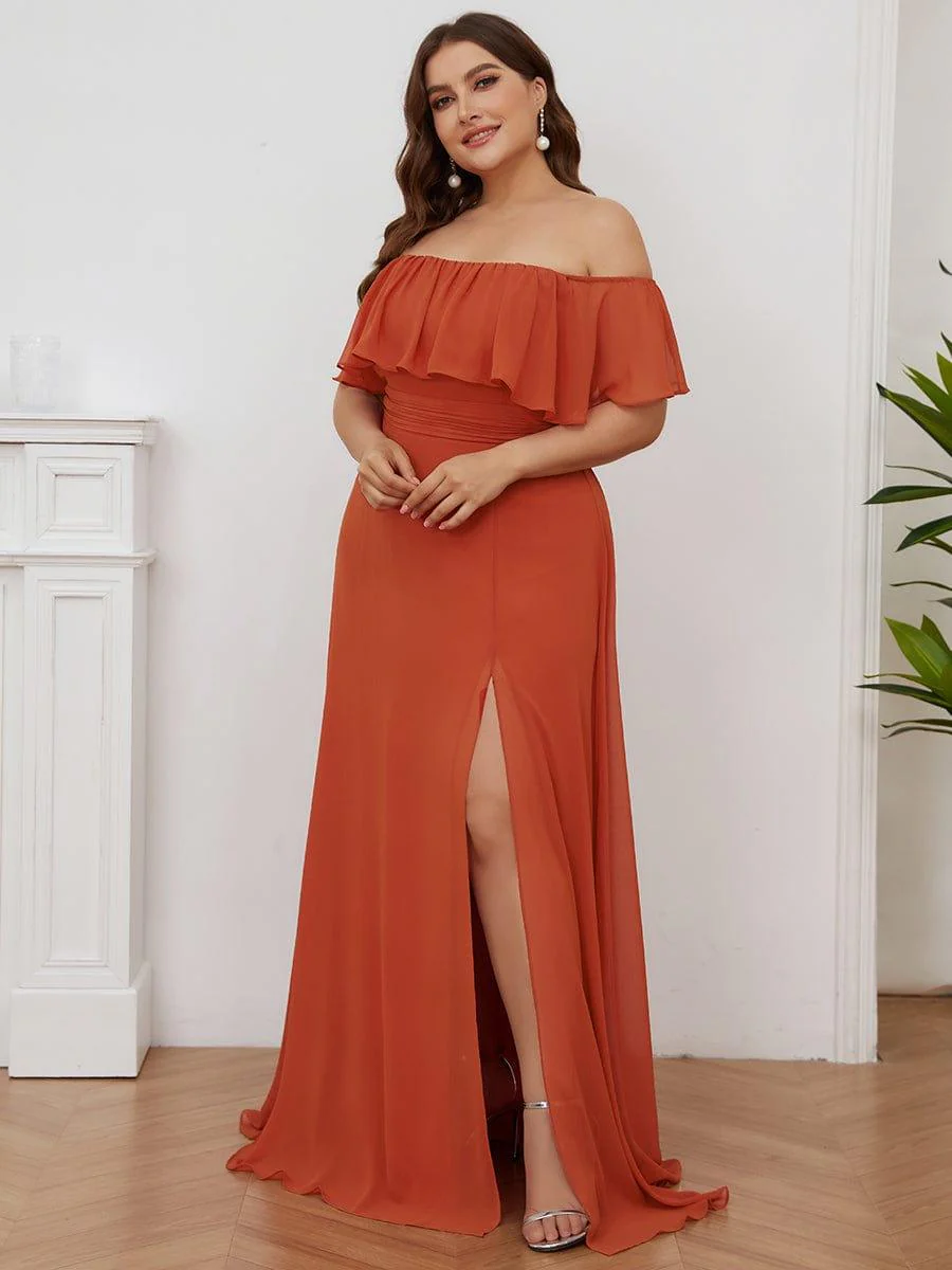 pretty ÉMILE|Plus Size Off-The-Shoulder Ruffle Thigh Split Bridesmaid Dress - Image 63