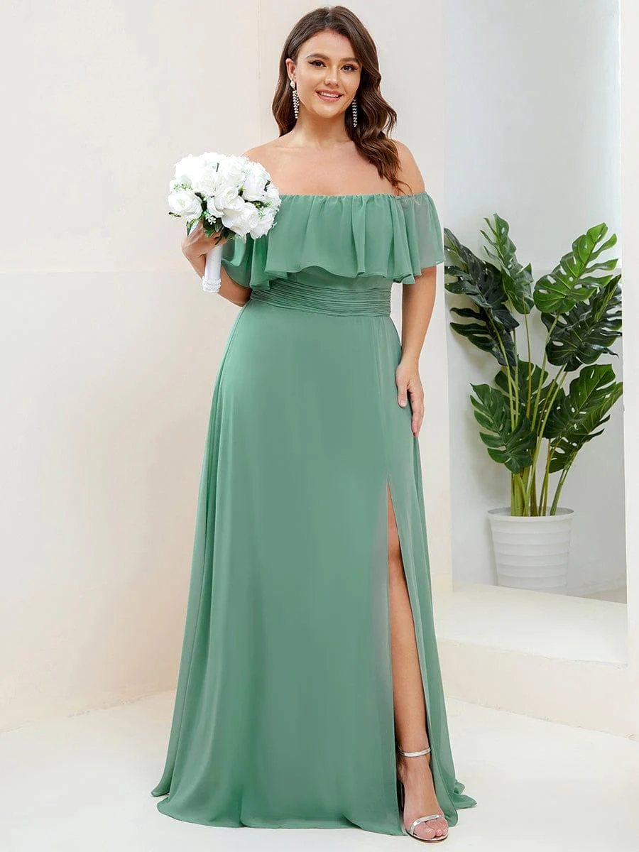 pretty ÉMILE|Plus Size Off-The-Shoulder Ruffle Thigh Split Bridesmaid Dress - Image 65