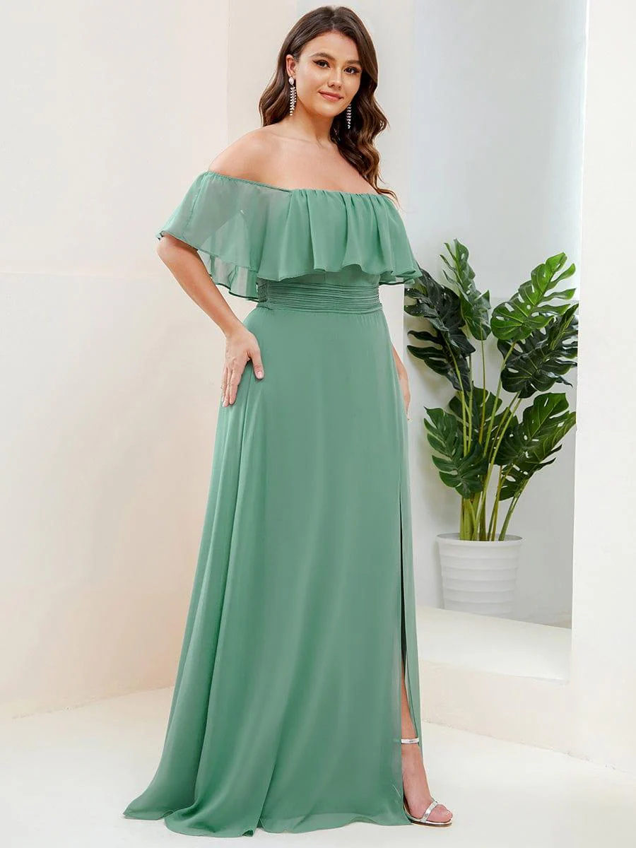 pretty ÉMILE|Plus Size Off-The-Shoulder Ruffle Thigh Split Bridesmaid Dress - Image 67