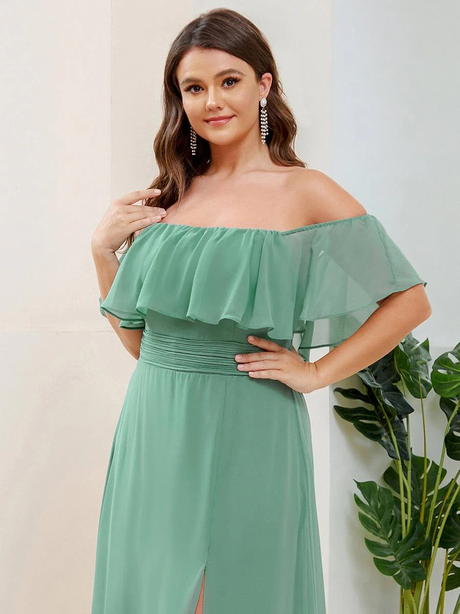 pretty ÉMILE|Plus Size Off-The-Shoulder Ruffle Thigh Split Bridesmaid Dress - Image 68