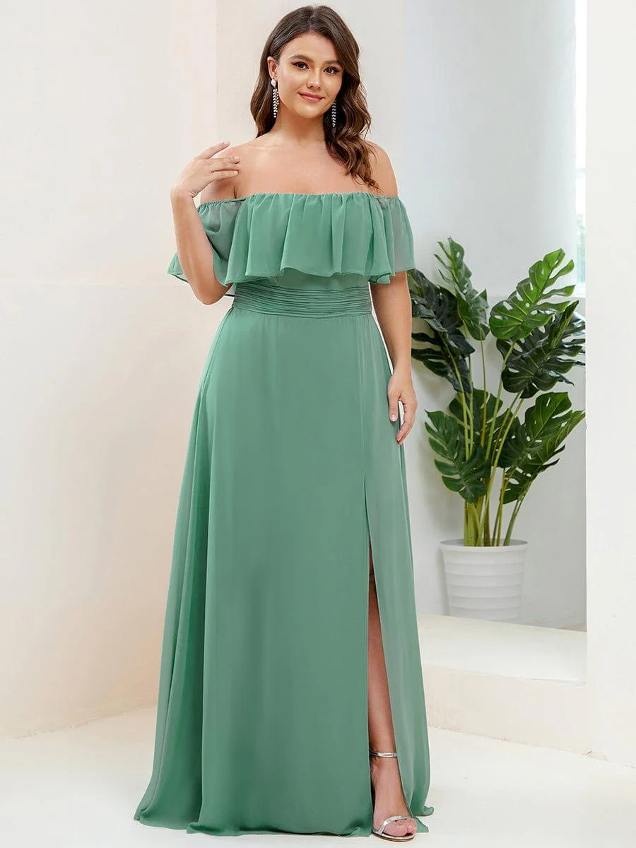 pretty ÉMILE|Plus Size Off-The-Shoulder Ruffle Thigh Split Bridesmaid Dress - Image 69