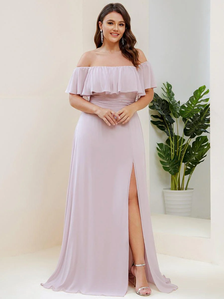 pretty ÉMILE|Plus Size Off-The-Shoulder Ruffle Thigh Split Bridesmaid Dress - Image 70