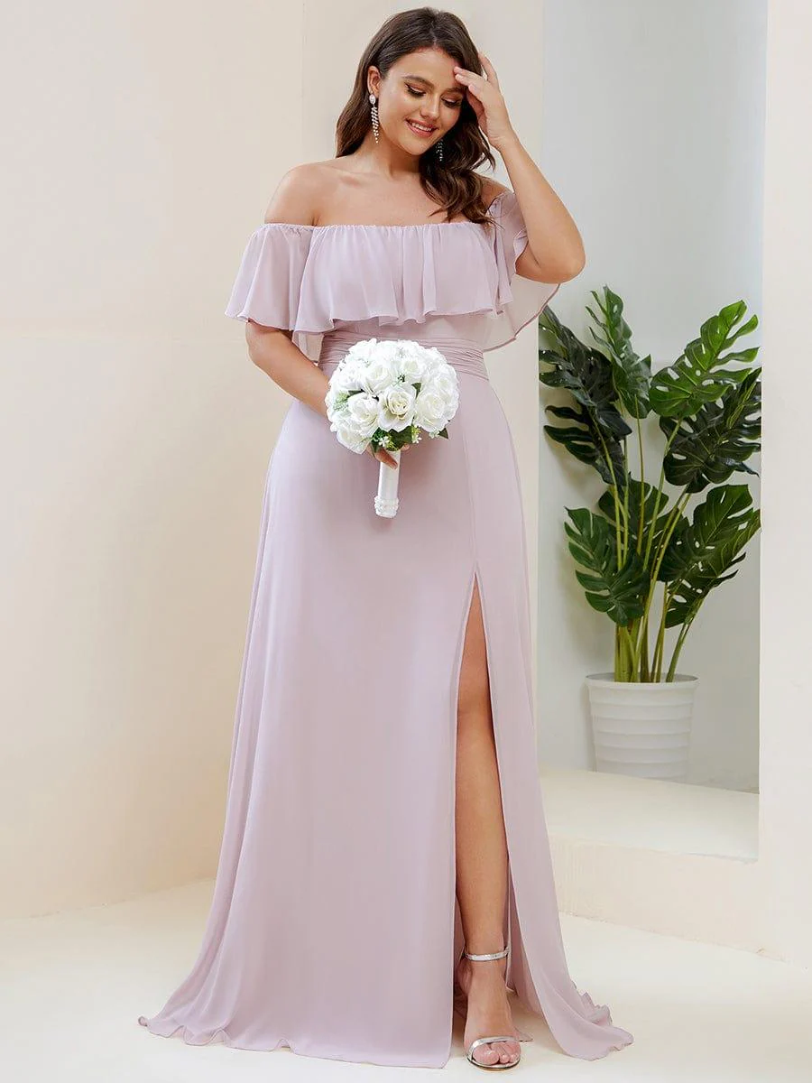 pretty ÉMILE|Plus Size Off-The-Shoulder Ruffle Thigh Split Bridesmaid Dress - Image 72