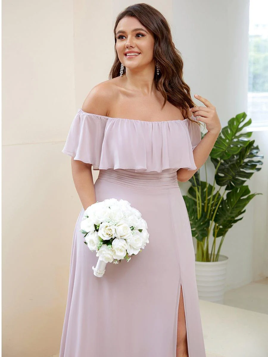 pretty ÉMILE|Plus Size Off-The-Shoulder Ruffle Thigh Split Bridesmaid Dress - Image 73