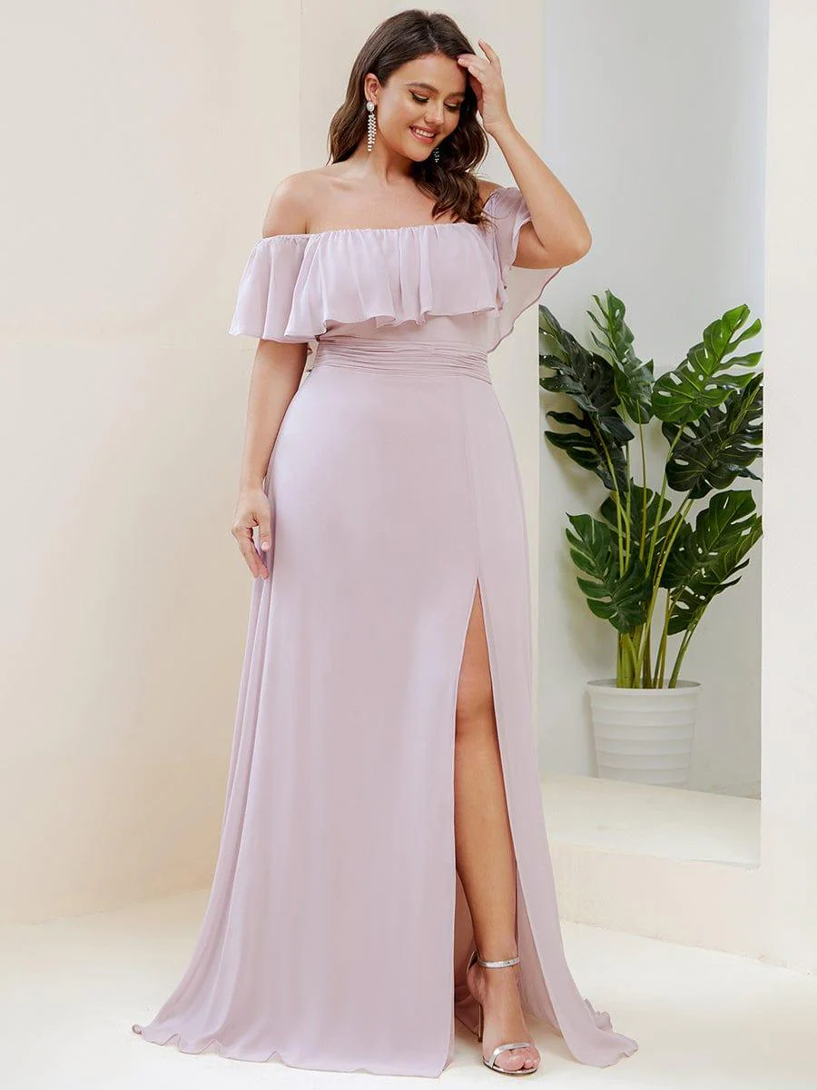 pretty ÉMILE|Plus Size Off-The-Shoulder Ruffle Thigh Split Bridesmaid Dress - Image 74
