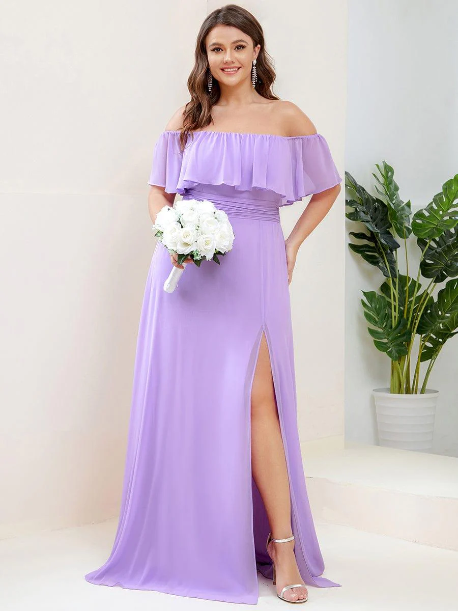 pretty ÉMILE|Plus Size Off-The-Shoulder Ruffle Thigh Split Bridesmaid Dress - Image 75