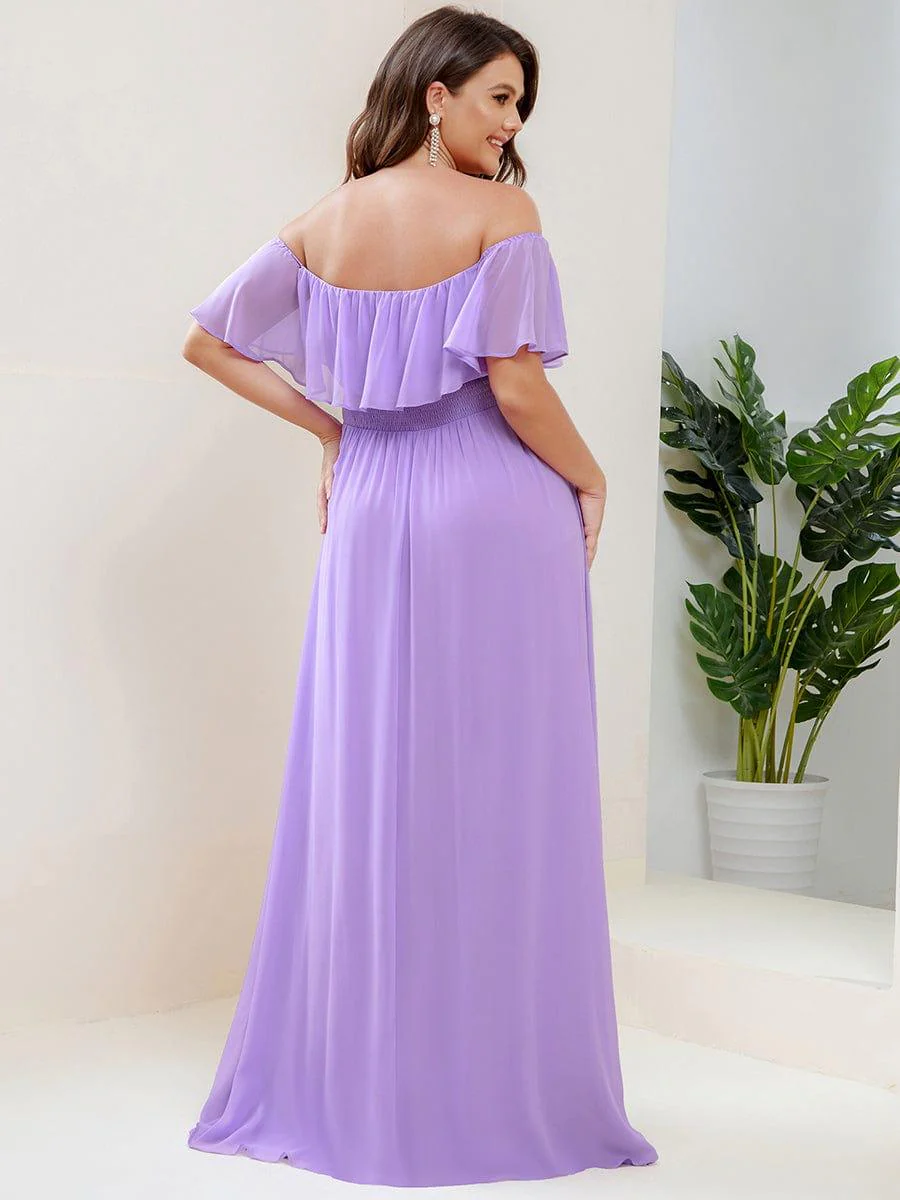 pretty ÉMILE|Plus Size Off-The-Shoulder Ruffle Thigh Split Bridesmaid Dress - Image 76