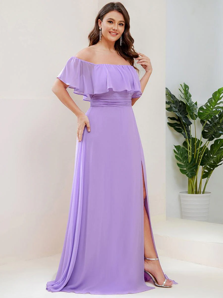 pretty ÉMILE|Plus Size Off-The-Shoulder Ruffle Thigh Split Bridesmaid Dress - Image 77