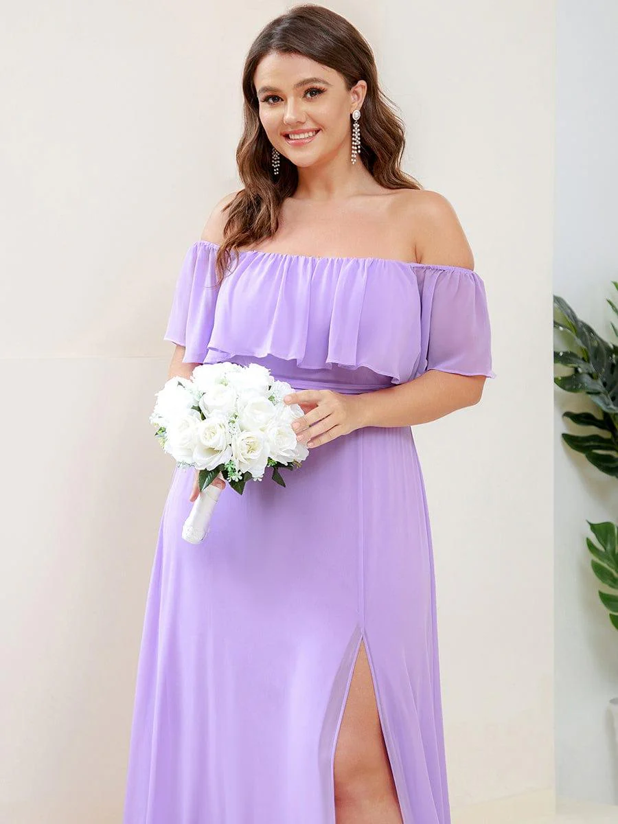 pretty ÉMILE|Plus Size Off-The-Shoulder Ruffle Thigh Split Bridesmaid Dress - Image 78