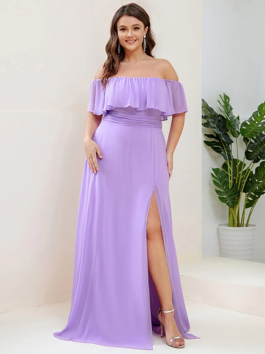 pretty ÉMILE|Plus Size Off-The-Shoulder Ruffle Thigh Split Bridesmaid Dress - Image 79