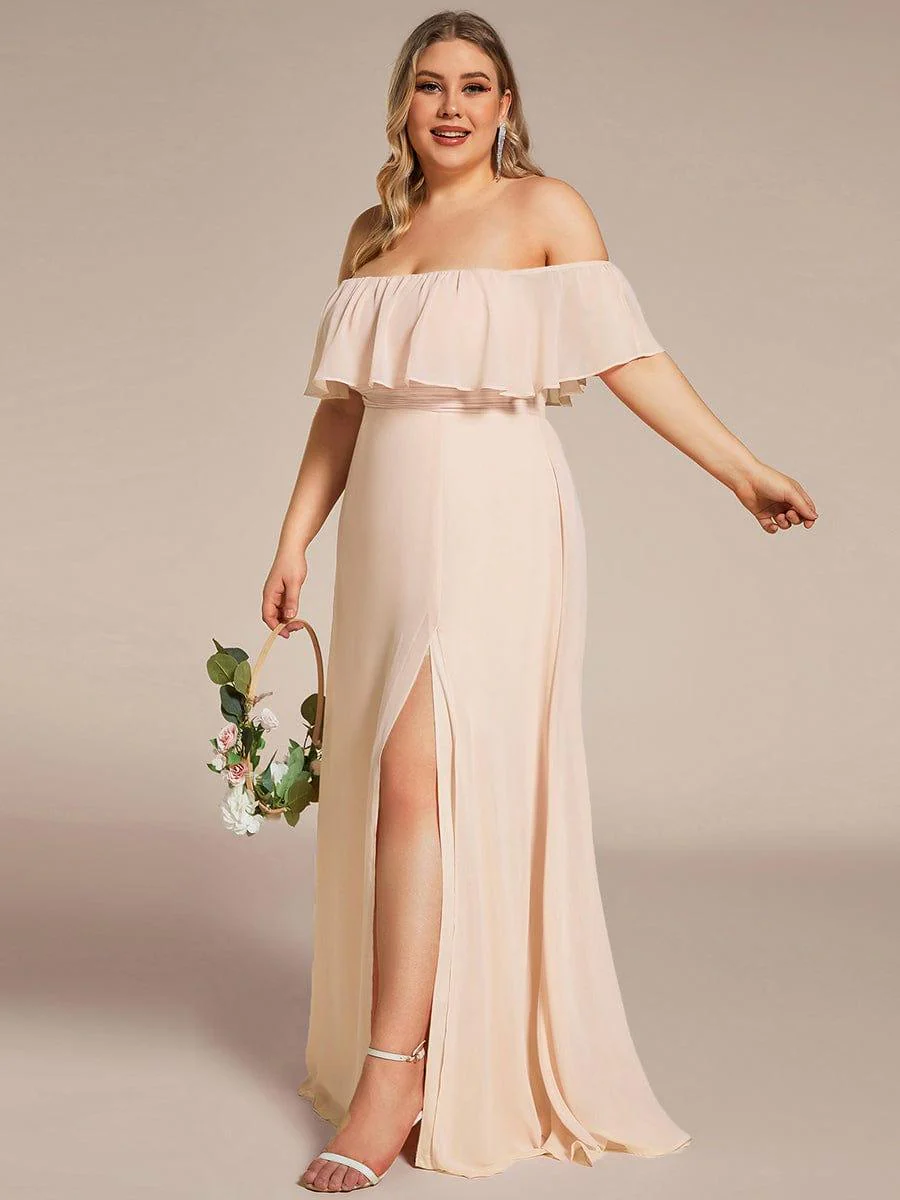 pretty ÉMILE|Plus Size Off-The-Shoulder Ruffle Thigh Split Bridesmaid Dress - Image 80