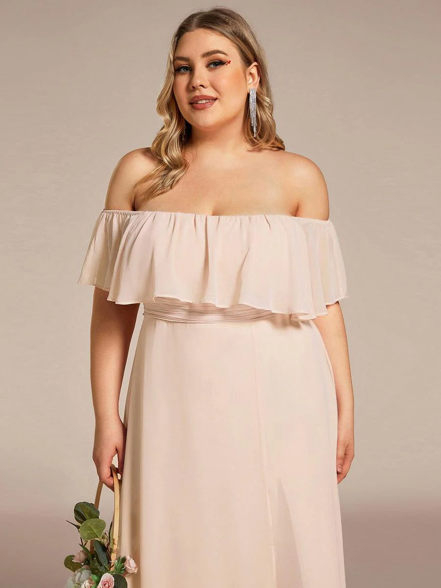 pretty ÉMILE|Plus Size Off-The-Shoulder Ruffle Thigh Split Bridesmaid Dress - Image 82
