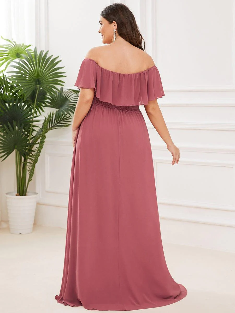 pretty ÉMILE|Plus Size Off-The-Shoulder Ruffle Thigh Split Bridesmaid Dress - Image 86