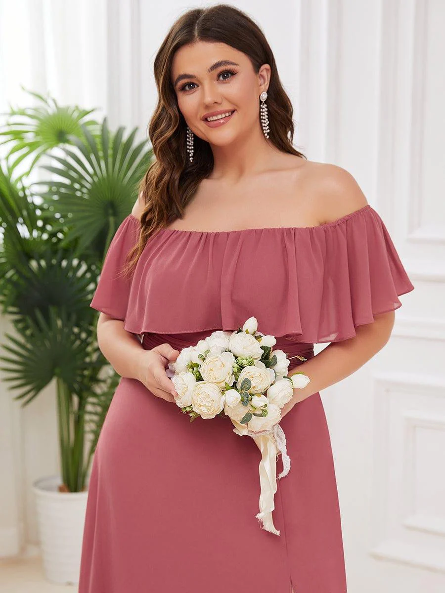pretty ÉMILE|Plus Size Off-The-Shoulder Ruffle Thigh Split Bridesmaid Dress - Image 87